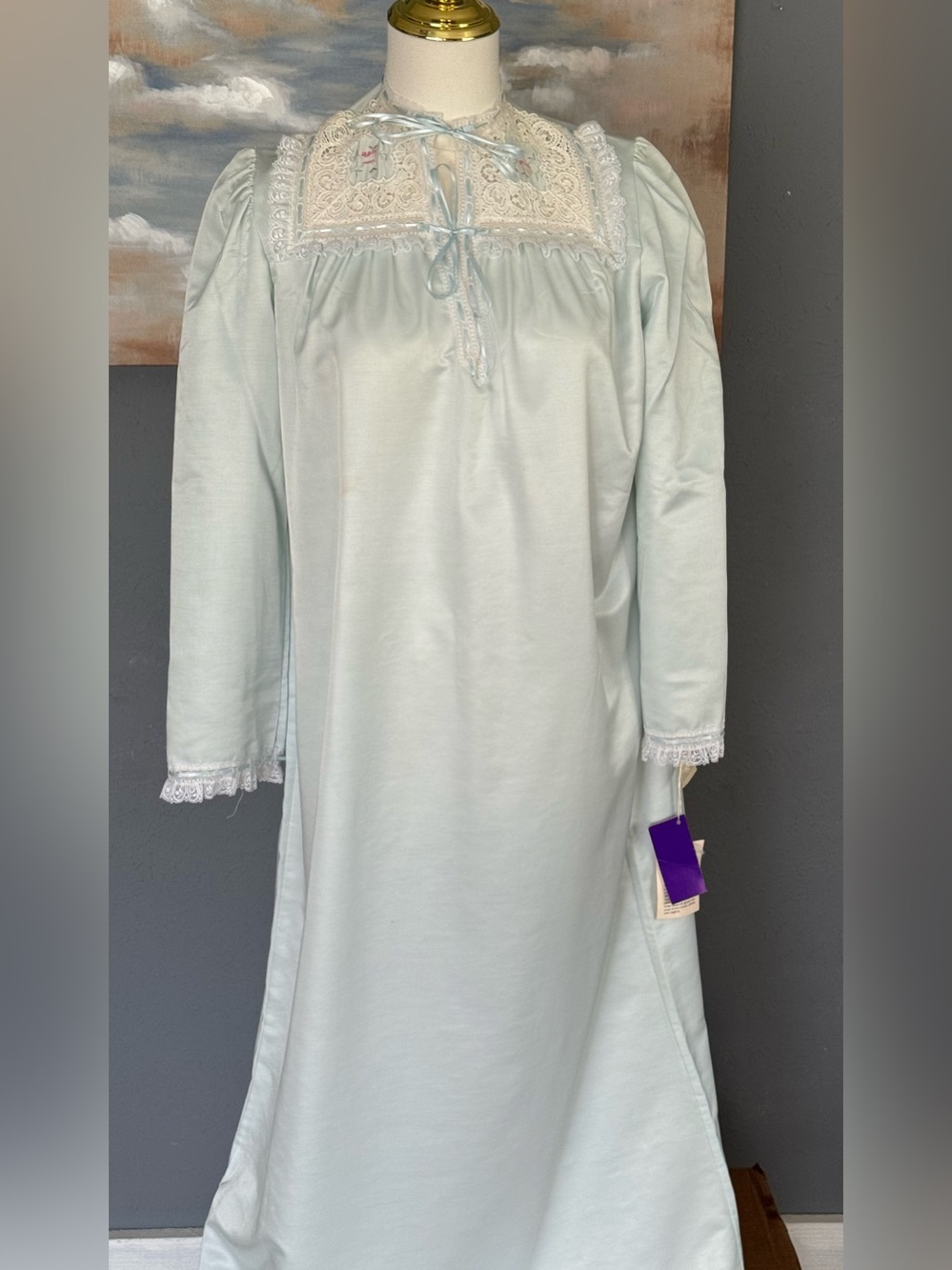 Bert Yelin For Iris Nightgown Vintage Womens Size Small Blue Lace Tie Neck New
